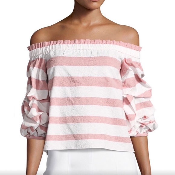 ALEXIS *Juneau* pink white stripe off shoulder puff sleeve top S - Picture 1 of 6